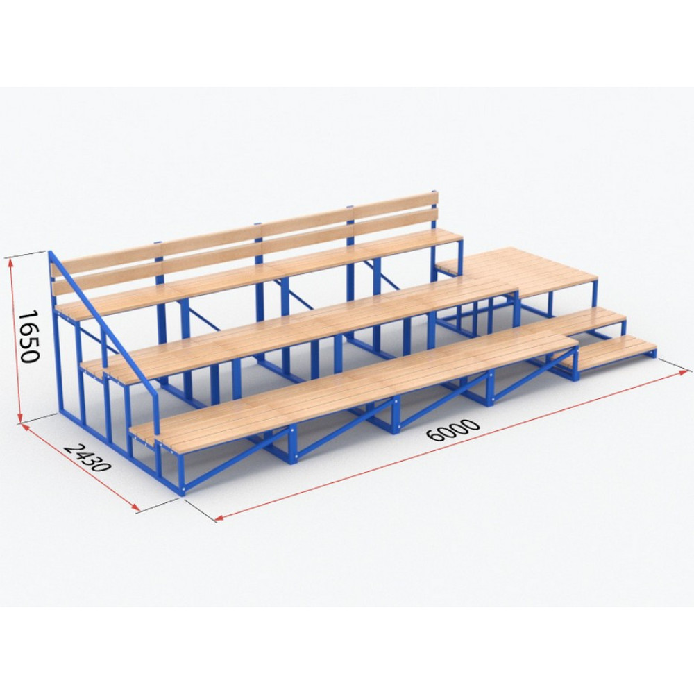 Место для зрителей. Трибуна модульная Glav 20.003. Трибуна сборно-разборная трехрядная на 100 мест. Скамейка «трибуна 3-х ярусная», 2,0×2,350×1,150 м.