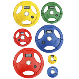 Диск олимпийский, цветной, обрезиненный, с 3-мя хватами, d51мм Hammer WP074, 25кг, красный